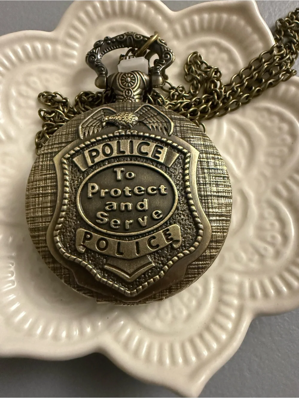 New bronze-toned quartz pocket watch engraved eagle POLICE To Protect and Serve